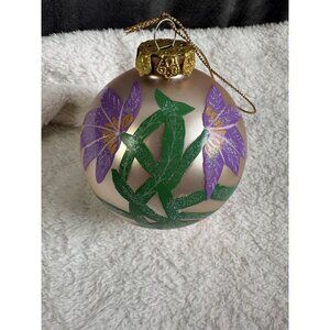 Hand painted Floral Glass Christmas Ornament Purple Gold Vtg Large Artist